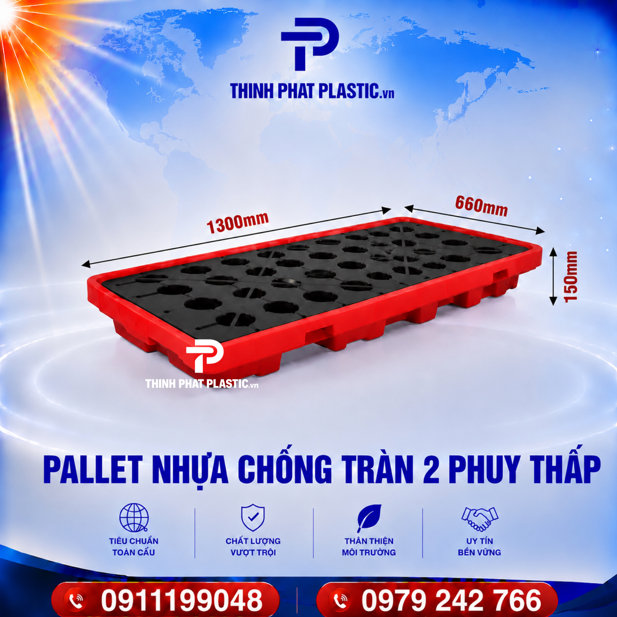 Pallet Nhựa Chống Tràn 2 Phuy Thấp